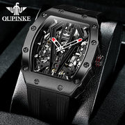 Men'S Skeleton Automatic Mechanical Watches Black Tonneau Silicone Band Sapphire Crystal Waterproof Luminous Wrist Watches