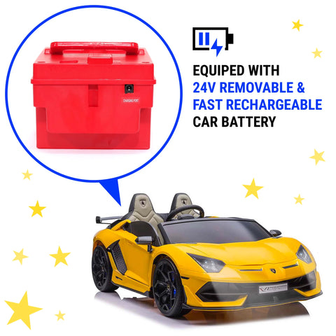 Lamborghini Aventador W/ Swappable Battery 24V - Electric Car for Kids with 3 Speeds, Leather Seat, Remote, MP3 Music by Bluetooth, FM Radio, Rubber Tires (Yellow)