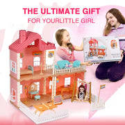 Dollhouse Girls Dreamhouse Playset, 3 Room Dollhouse with Doll Toy Figure, Furniture and Accessories, Color Lights, Steam Chimney, Play House Gift Toys for Kids Ages 3+