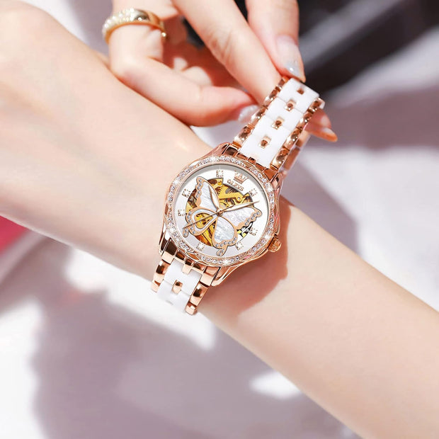 Womens Watches Elegant Dress Diamond Automatic Self Winding Watches for Women Luxury Fashion Stainless Steel Ceramic Waterproof Luminous Women'S Wrist Watches