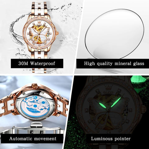 Womens Watches Elegant Dress Diamond Automatic Self Winding Watches for Women Luxury Fashion Stainless Steel Ceramic Waterproof Luminous Women'S Wrist Watches