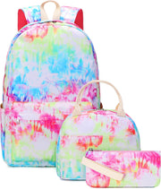 School Backpack Teens Girls Boys Kids School Bags Bookbag with Lunch Bag Pencil Pouch (Tie Dye Green Pink)