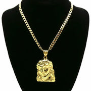 Mens 18K Gold Plated Big Jesus Face Brass Pendant 6Mm 24" or 30" Cuban Chain Necklace