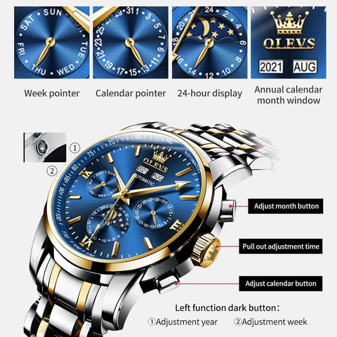 Automatic Mechanical Watches for Men Self Winding No Battery Blue Watch Stainless Steel Strap Luxury Moon Phase Luminous Waterproof Wrist Watch