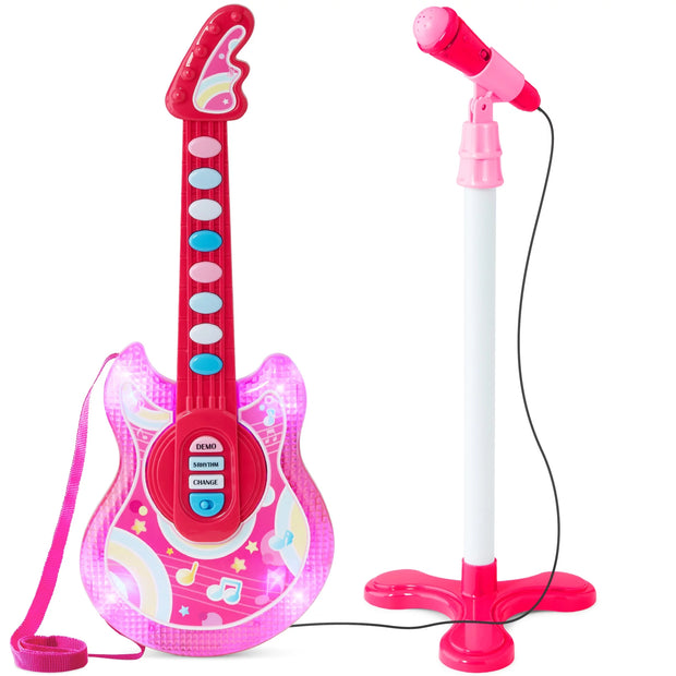 19In Kids Flash Guitar, Pretend Play Musical Instrument Toy for Toddlers W/ Mic, Stand - Pink