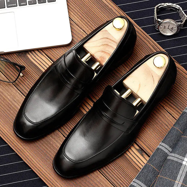 Men Leather Shoes Business Dress Suit Shoes Men Brand Bullock Genuine Leather Black Slipon Wedding Mens Shoes