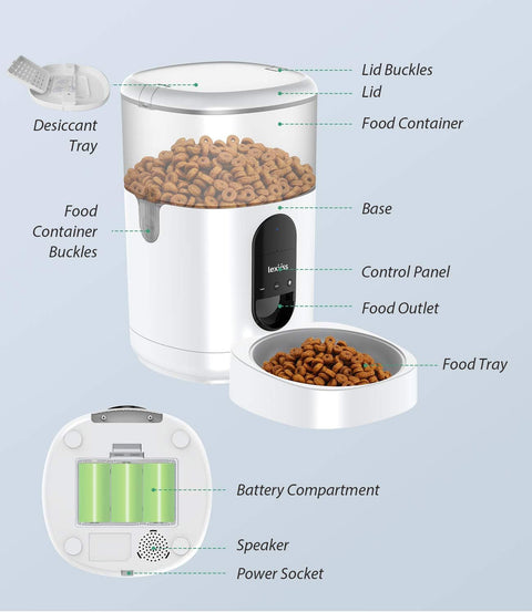 Automatic Cat Feeder, Wifi Dog Food Dispenser with Voice Recorder Programmable Portion Control up to 10 Meals per Day, Auto Food Feeder with Desiccant Bag for Small & Medium Pets 4L (White)