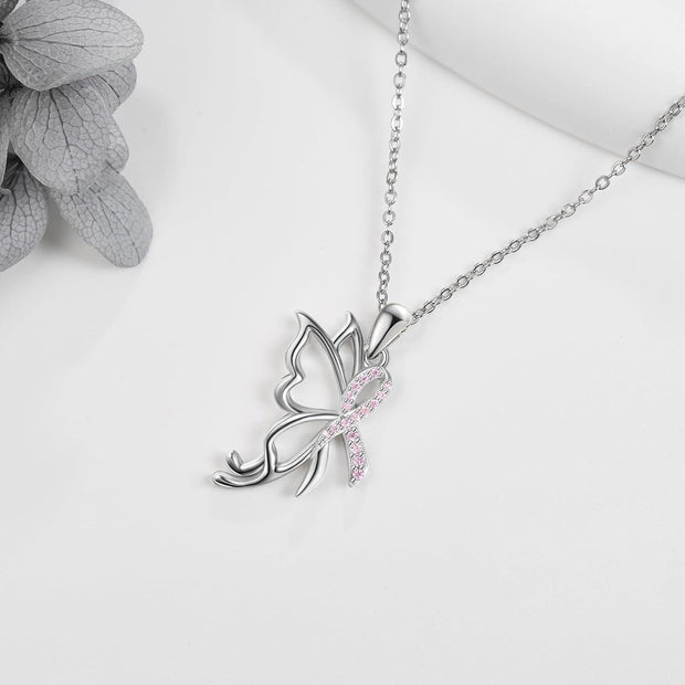 Breast Cancer Awareness Necklace Sterling Silver Pink Ribbon Survivor Pendant