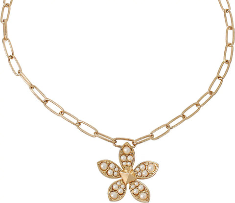 Flower Long Pendant Necklace No Size PEARL/GOLD