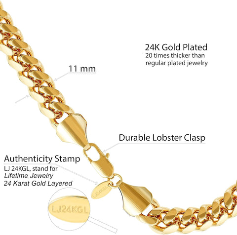 11Mm Miami Curb Cuban Link Chain Bracelet 24K Real Gold Plated